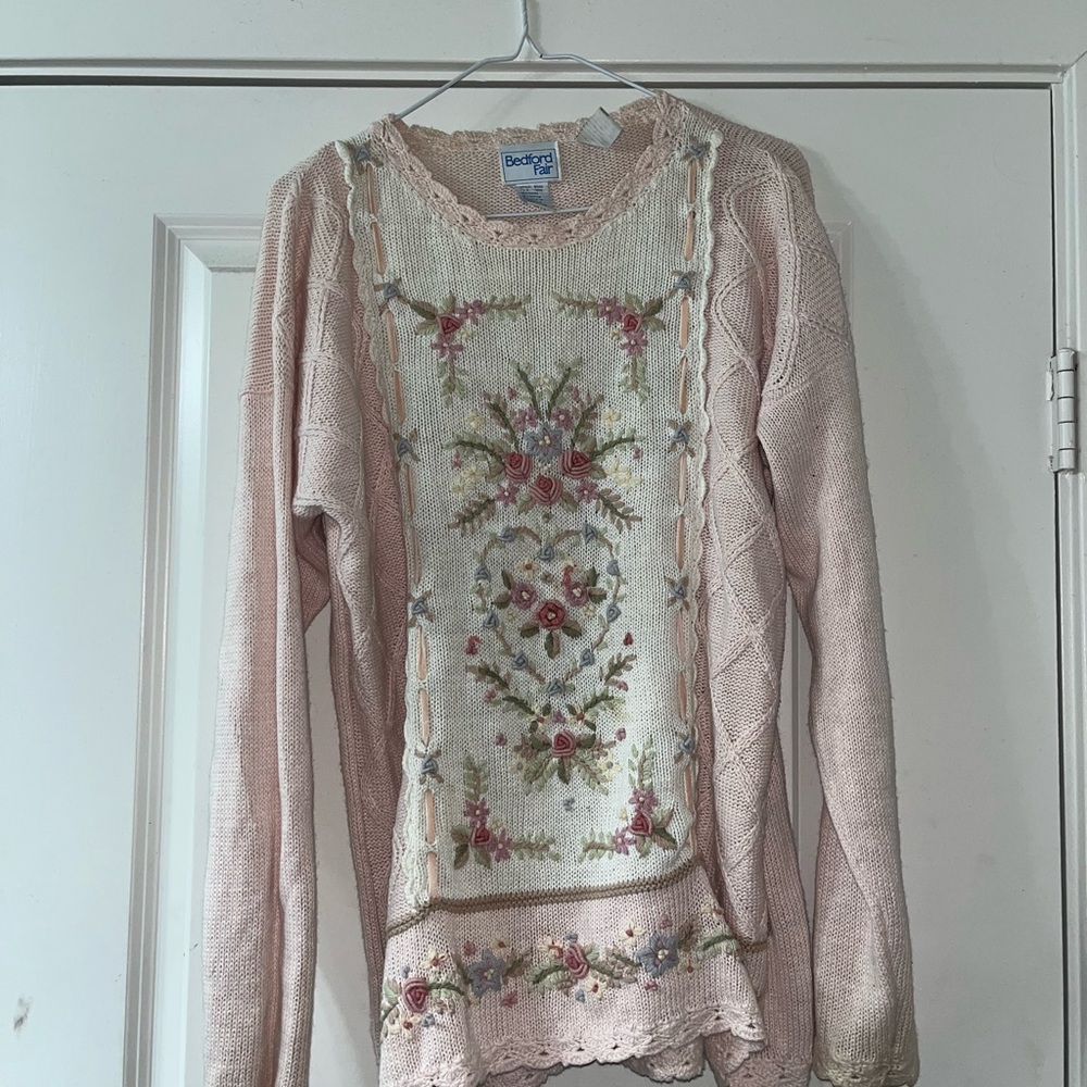 Vintage Pink Floral Embroidered Sweater